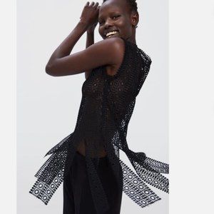NWT ZARA Long Textured Weave Top Black Lacy Sheer Flirty Flowy Panels 8741/030